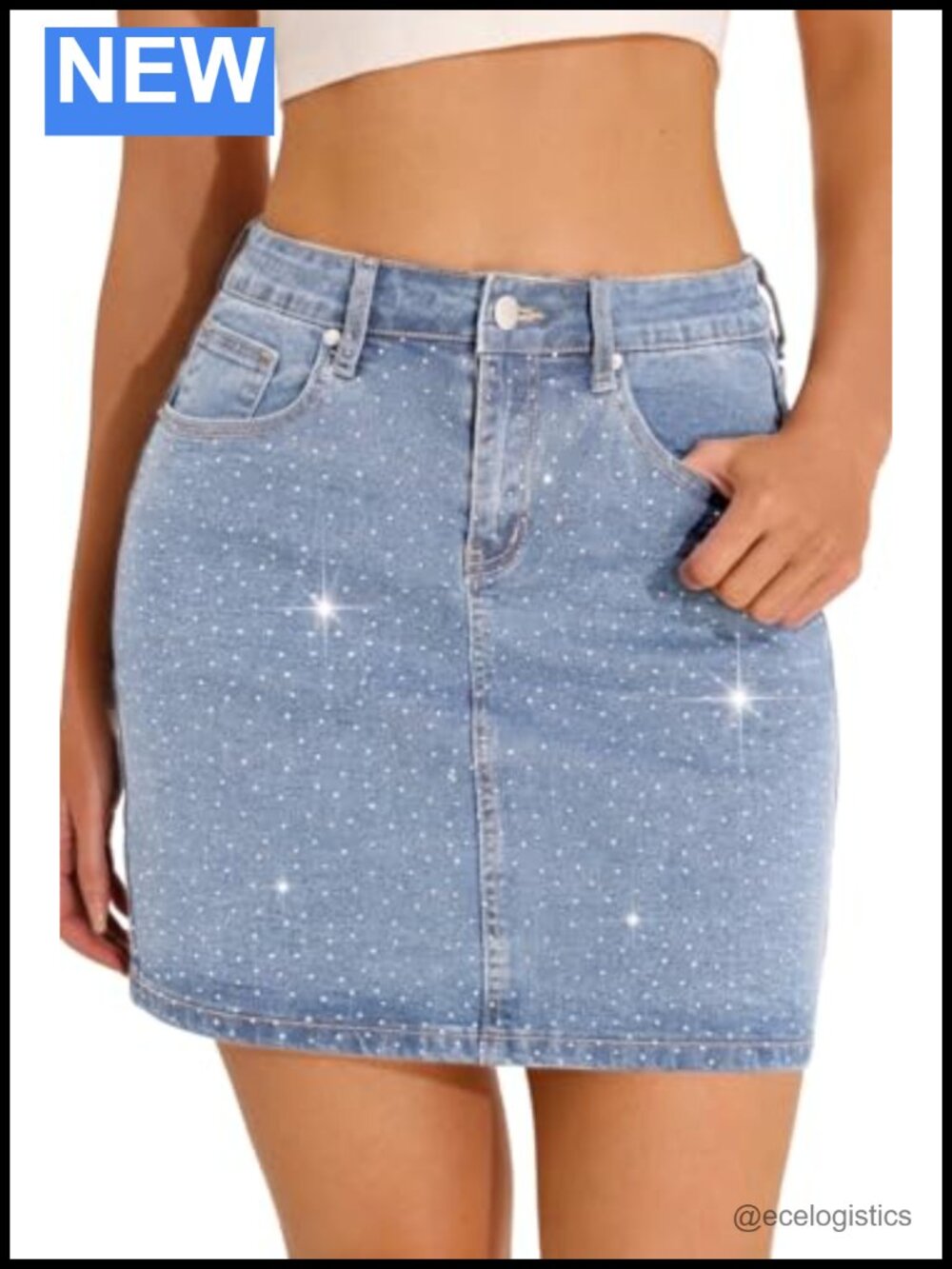 Womens Stretchy Denim Mini Skirt Sparkly Rhinestone Y2K Cowgirl Sequin Bodycon